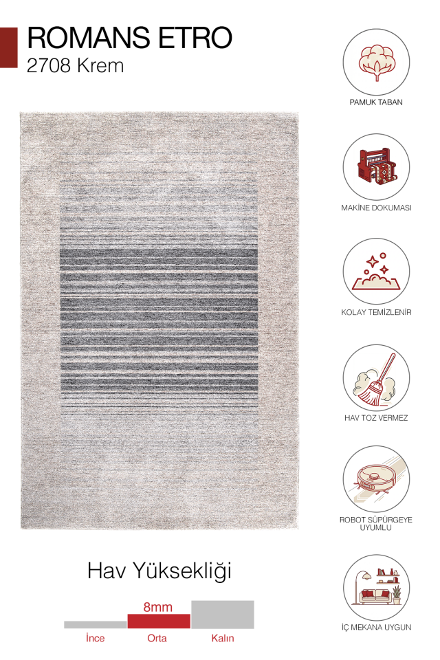 Etro 2708 Krem - Spor Saçaklı Polyester Çizgili Çerçeveli Vintage Halı 200x290