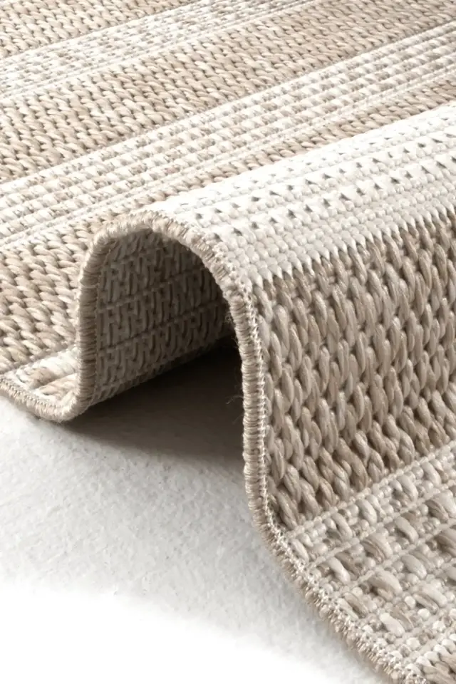 Dekorenti Lora 3201 Bej - Çizgili Modern Pamuk Tabanlı Polyester Halı