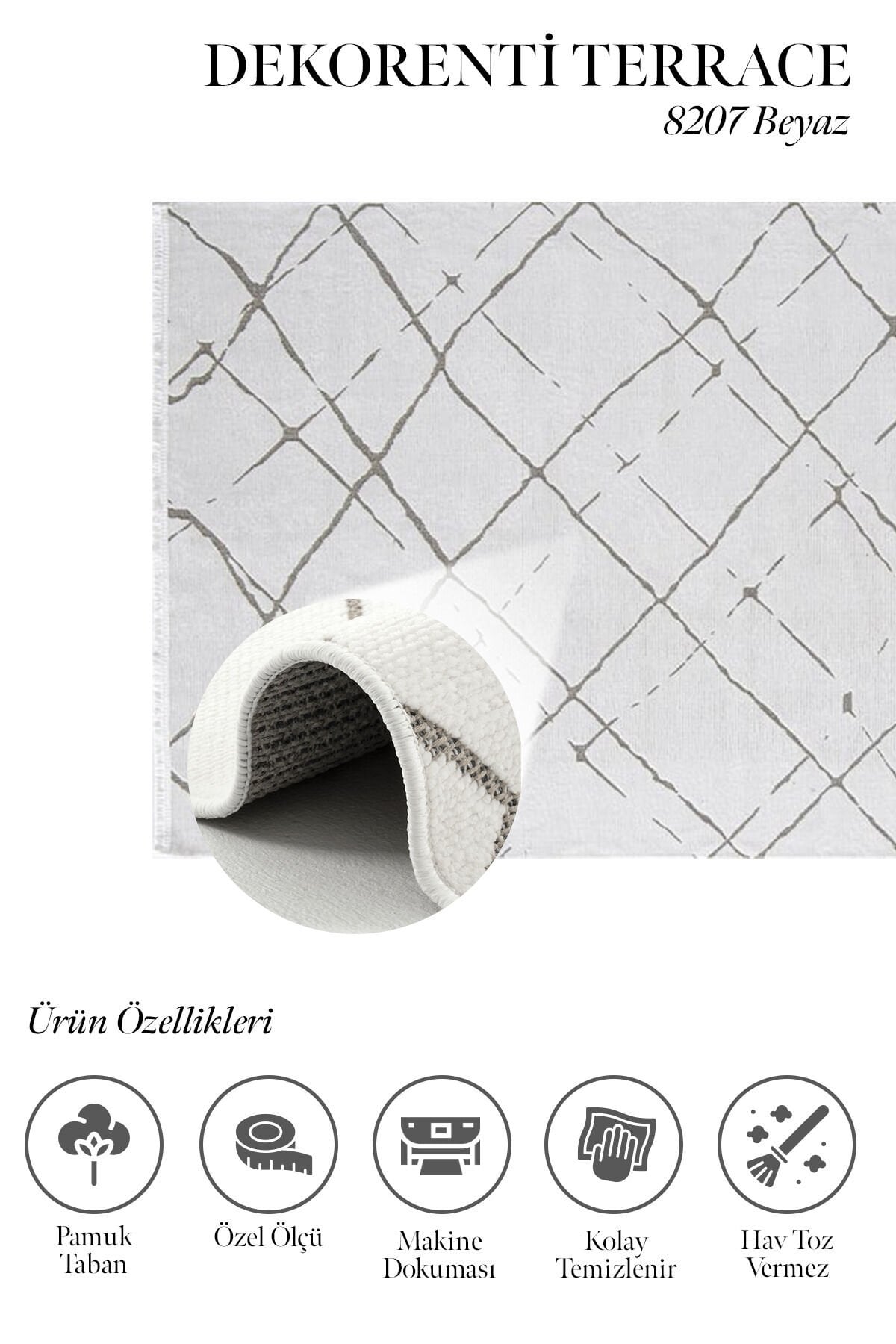 Dekorenti Terrace 8207 Beyaz Kaymaz Taban Modern Çizgili Halı
