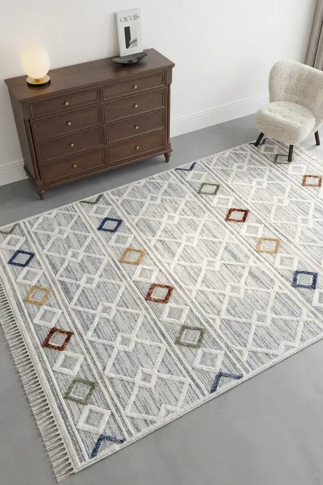 Dekorenti Polo 7805 Multi - Modern Etnik Baklava Desenli Örgü Saçaklı Halı