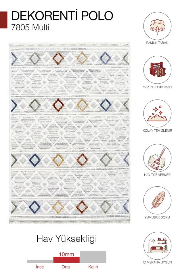 Dekorenti Polo 7805 Multi - Modern Etnik Baklava Desenli Örgü Saçaklı Halı