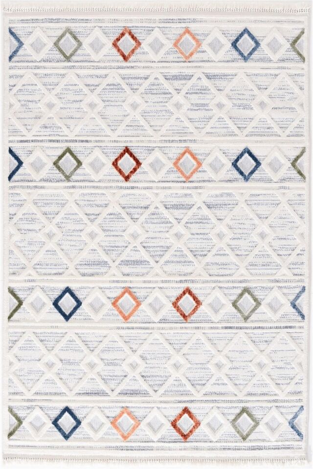 Dekorenti Polo 7805 Multi - Modern Etnik Baklava Desenli Örgü Saçaklı Halı