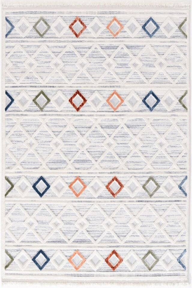 Dekorenti Polo 7805 Multi - Modern Etnik Baklava Desenli Örgü Saçaklı Halı