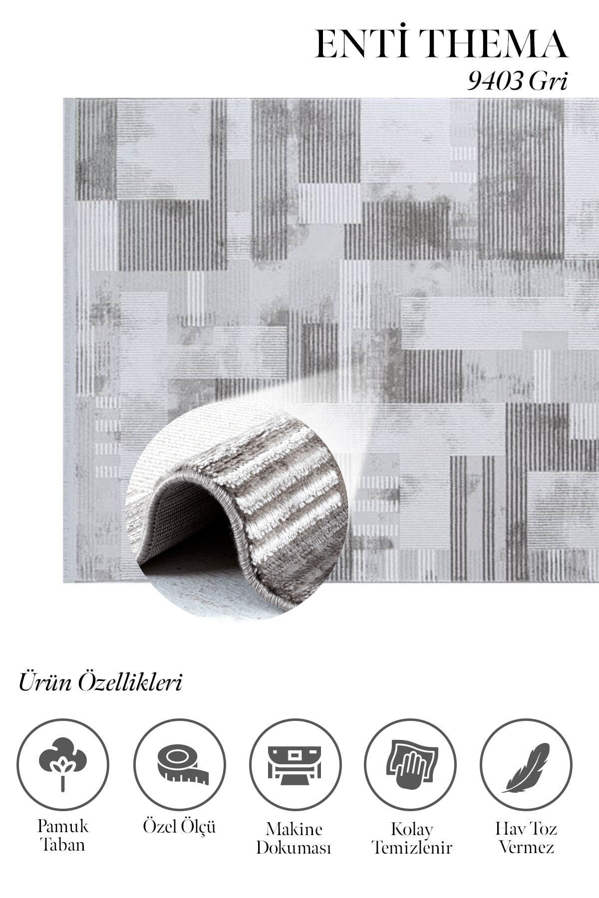 Enti Thema 9403 Gri - Modern Geometrik Desenli Akrilik Halı