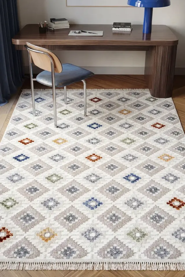 Dekorenti Polo 7806 Multi - Modern Renkli Geometrik Motifli Örgü Saçaklı Halı