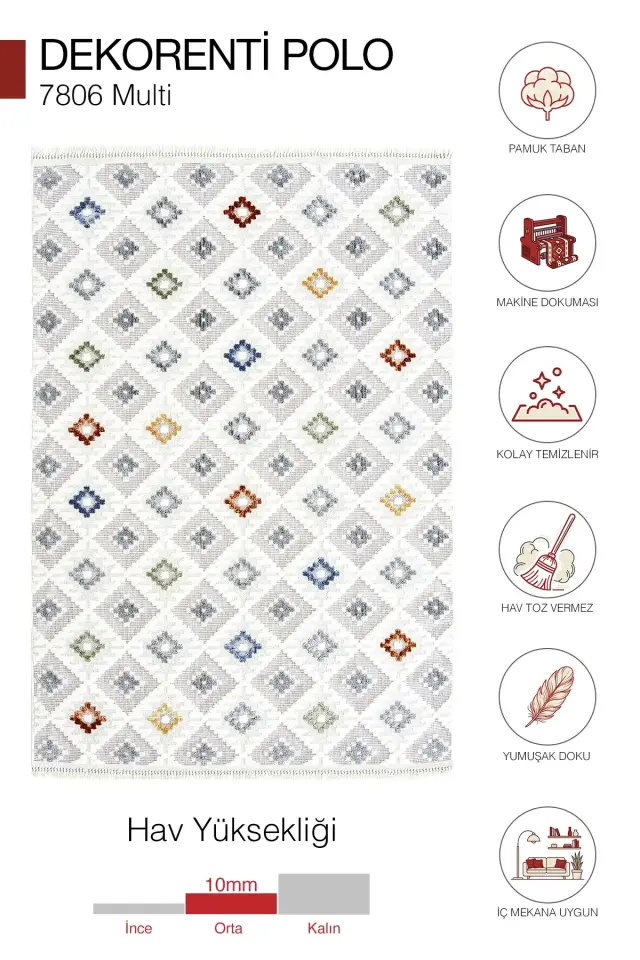 Dekorenti Polo 7806 Multi - Modern Renkli Geometrik Motifli Örgü Saçaklı Halı