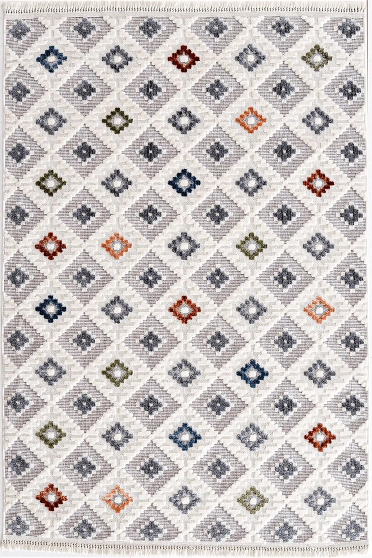 Dekorenti Polo 7806 Multi - Modern Renkli Geometrik Motifli Örgü Saçaklı Halı